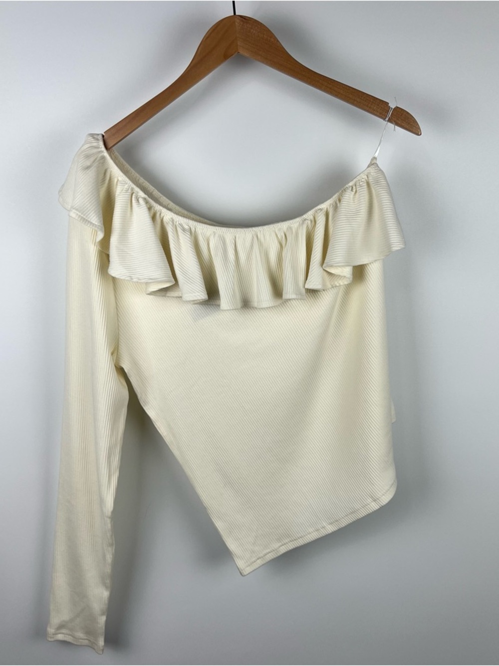 NWT J. Crew One Shoulder Ruffleneck Top Vintage Rib Neutral Ivory 2022 Size XL - Picture 4 of 10